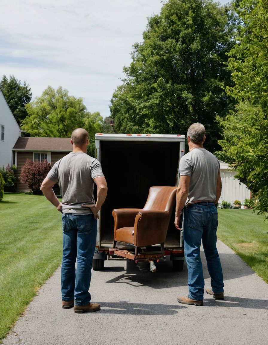 Two workers in gloves carrying an old armchair to a trailer