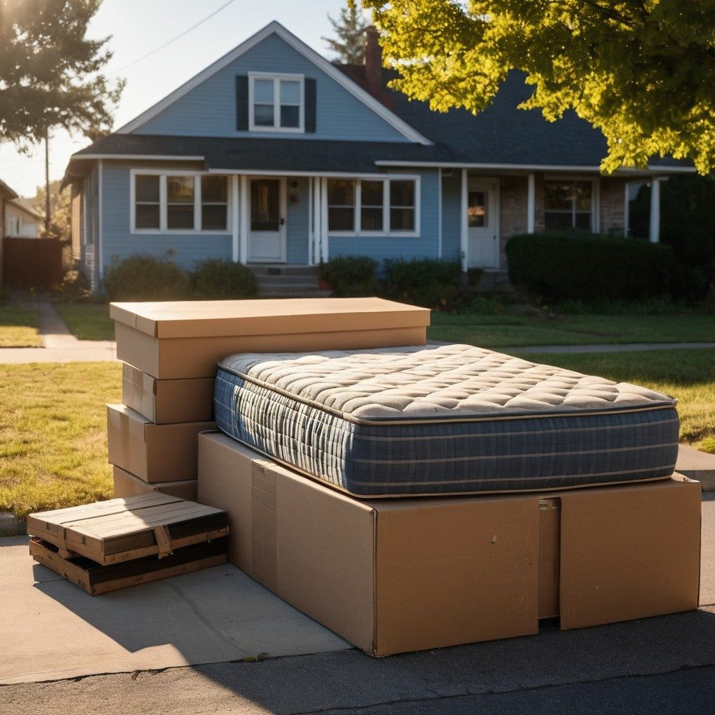 An old mattress and boxes at the curb