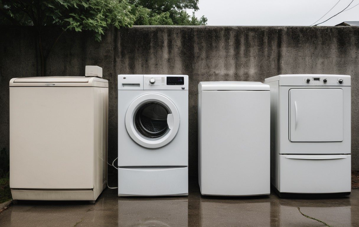 Old refrigerators and a washing machine lined up outside