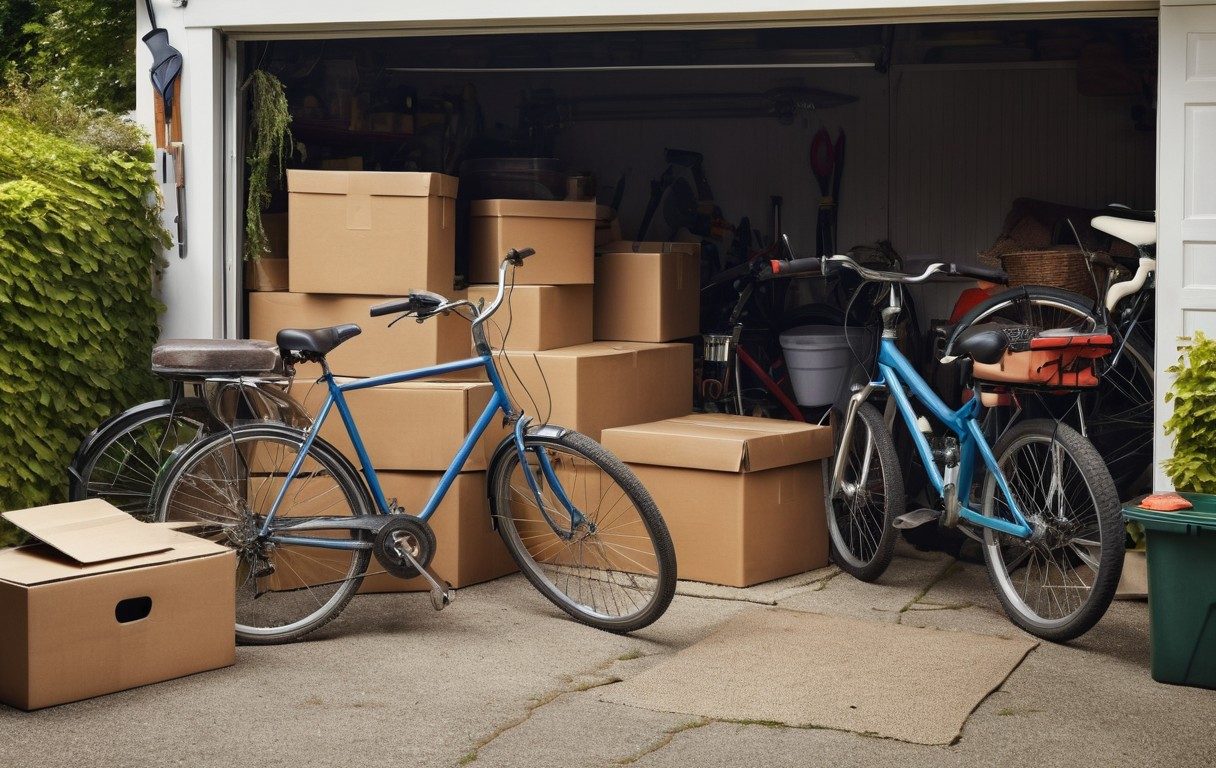 A cluttered garage full of boxes and old furniture
