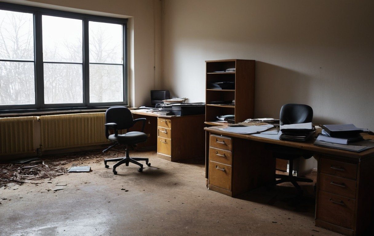 An empty office with old desks and chairs stacked together