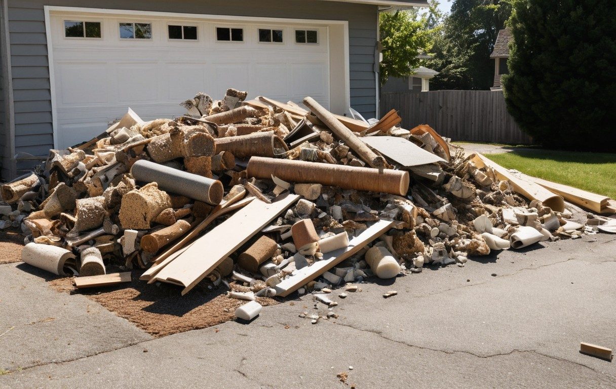 A pile of lumber and drywall scraps from a remodel