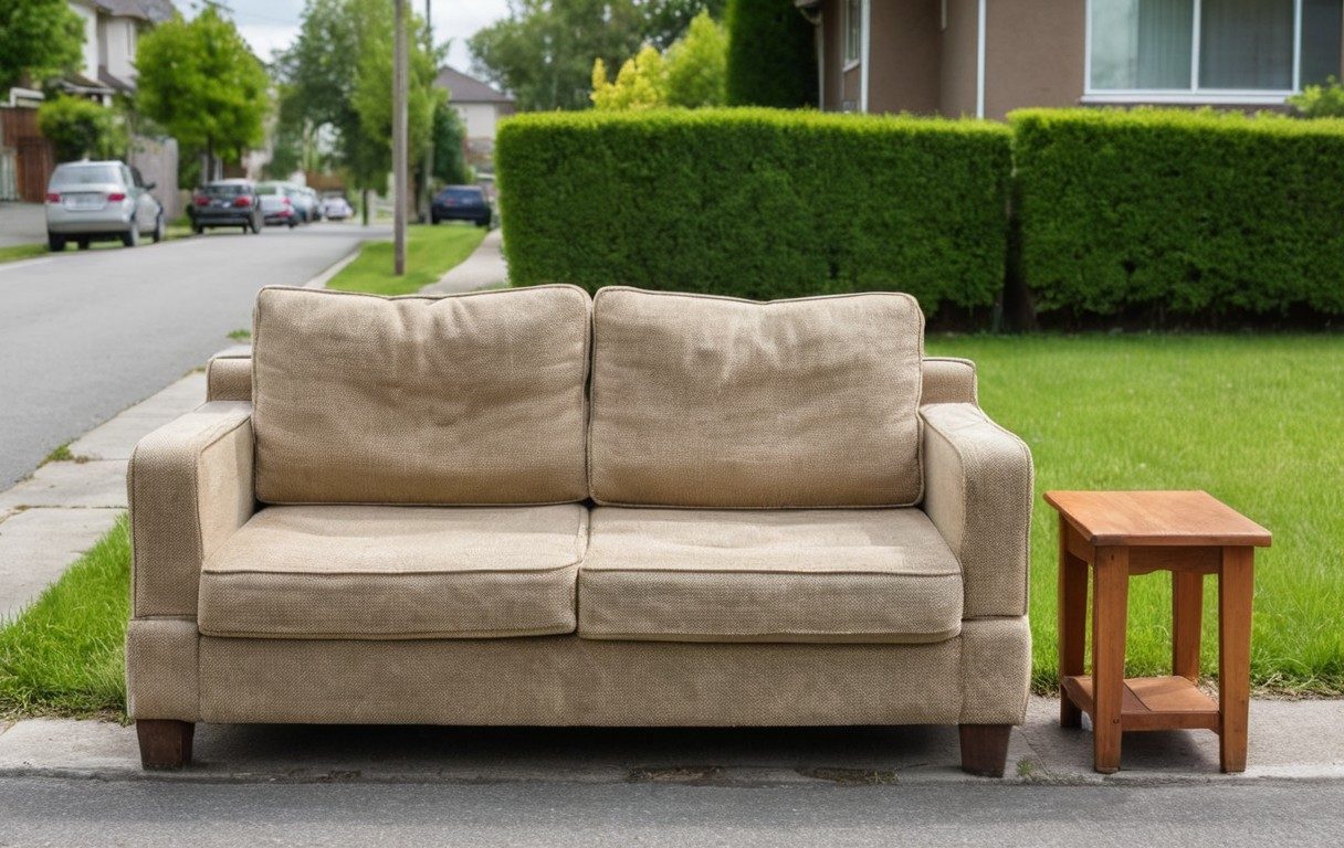 A worn couch waiting at the curb
