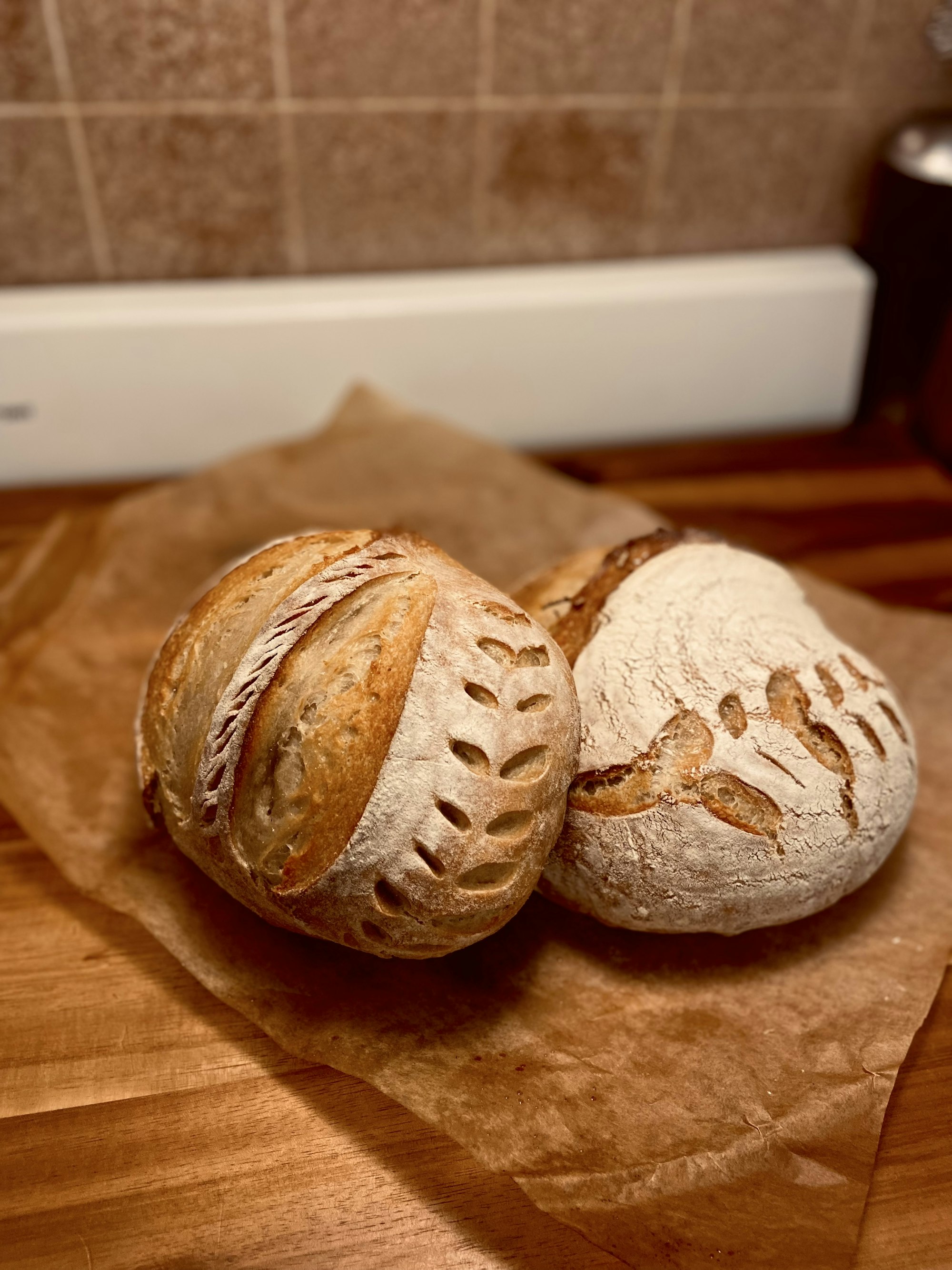 Two scored sourdough loaves on parchment