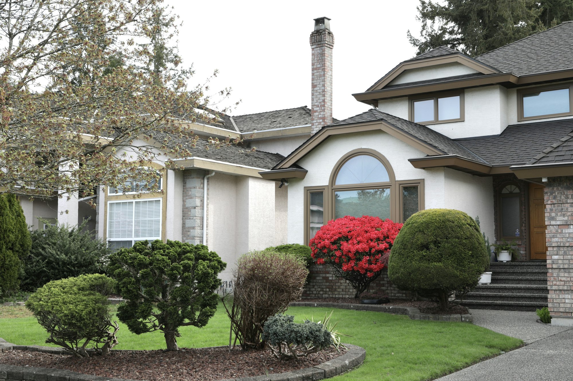 Trimmed shrubs, red azaleas and fresh mulch beds in front of a house