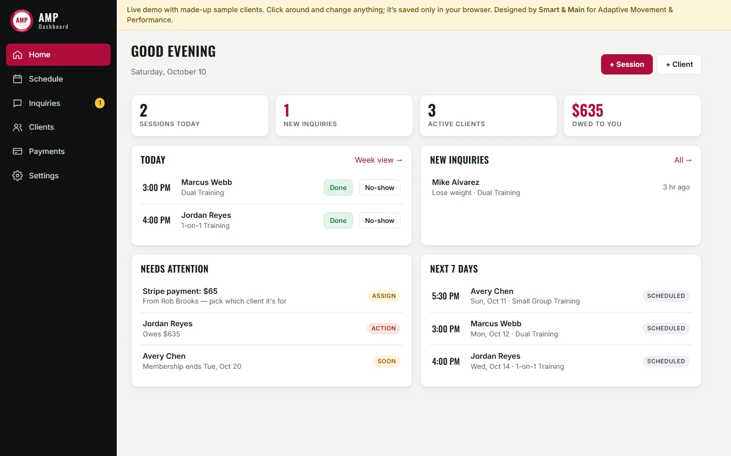 Adaptive Movement dashboard: today's sessions, new inquiries, what clients owe and the next 7 days