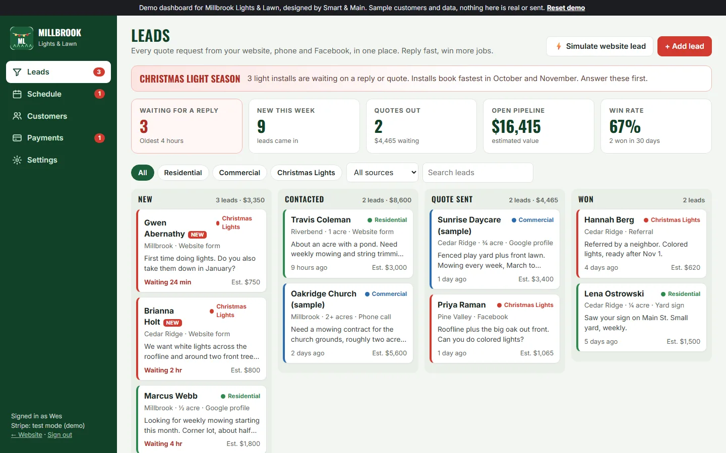 Millbrook Lights and Lawn dashboard: new leads, quotes out and won jobs in columns