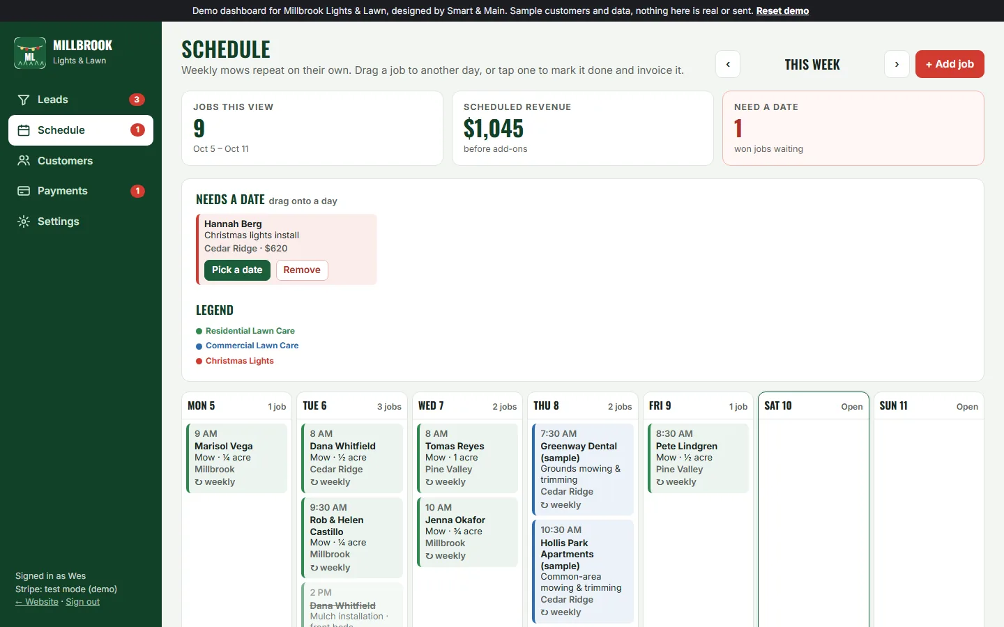 Millbrook weekly schedule with repeating mowing jobs