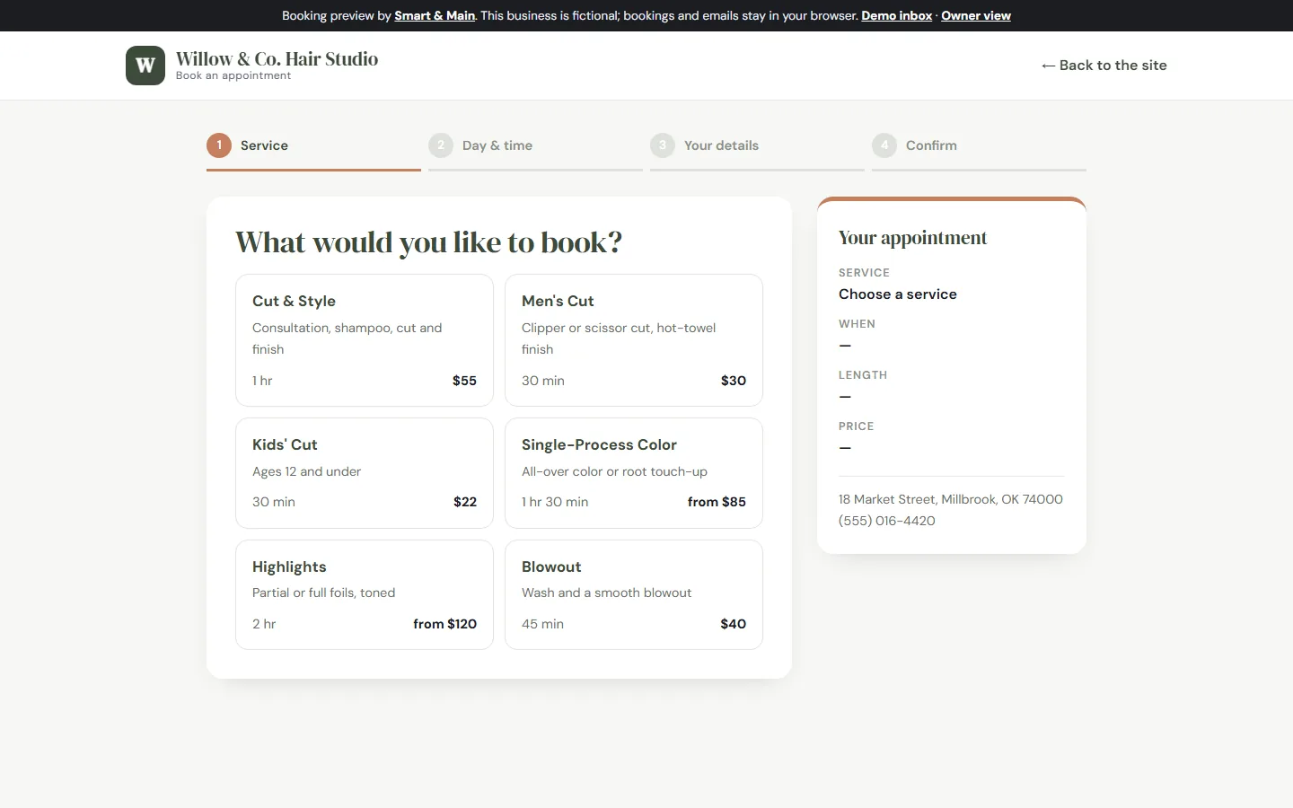 Willow and Co. booking page: choose a service, then a day and time, your details and confirm