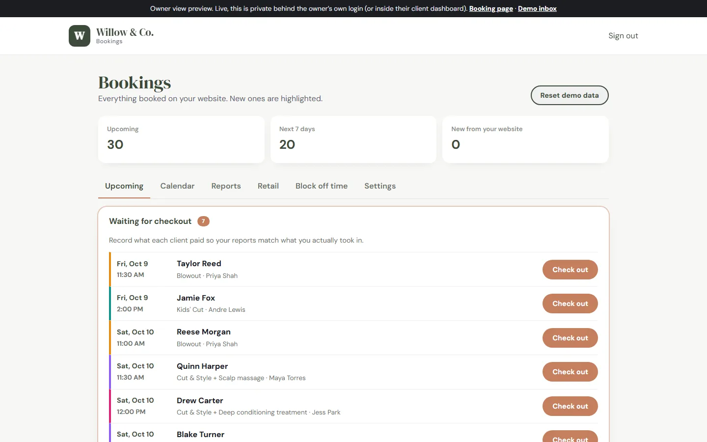 Willow and Co. owner view: upcoming bookings, checkout queue, calendar, reports and settings